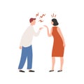 Cartoon couple scream each other having conflict vector flat illustration. Quarrel of annoyed colorful man and woman