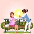 Cartoon couple sitting on bench in park