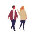 Cartoon couple walking and talking each other vector flat illustration. Colorful man and woman communicating during date