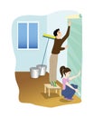 Cartoon couple of workers gluing wallpaper to wall illustration