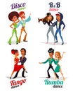 cartoon of a couples dancing tango, rumba, disco and hip hop