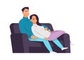 Cartoon couples. Man and woman in love. Romantic relationship. Characters sitting on couch and hugging. Newlyweds