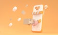 Cartoon courier hand from smartphone in orange holding cardboard box