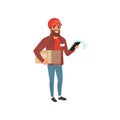 Cartoon courier holding cardboard package and clip board in hands. Bearded delivery man character in uniform red cap, t