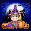 Cartoon cow, bull with a potion and a broom in a purple witch hat and cloak on the background of the castle, pumpkin