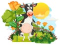 Cartoon cow in flower field Royalty Free Stock Photo