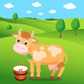 Cartoon Cow In The Green Meadow And A Bucket Of Milk. Background For Label, Sticker, Print, Packing, Web. Royalty Free Stock Photo