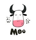 Cartoon cow, hand drawing lettering, decoration elements. colorful vector flat style illustration for kids. Royalty Free Stock Photo