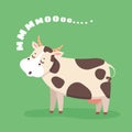 Cartoon cow. Happy farm cattle on grass field. Cute cow goes moo. Milk and dairy product funny animal mascot character