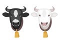 Cartoon cow heads with gold bell on the neck. Spotted black and white cows. Stock vector illustration. Cow icon isolated on white