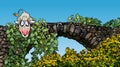 Cartoon cow looking down from a stone bridge overgrown with plants Royalty Free Stock Photo