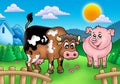 Cartoon cow and pig behind fence Royalty Free Stock Photo