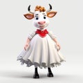 Cartoon Cow In White Dress: Playful And Whimsical 3d Render