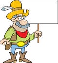 Cartoon cowboy holding a sign.