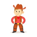 Cartoon cowboy kid wearing vest and hat. Flat vector illustration, isolated on white background. Royalty Free Stock Photo