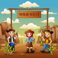 Cartoon cowboys and cowgirl in wild west background