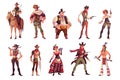 Cartoon cowboys. Funny cowboy and cowgirl, indian and saloon girl characters, different costumes and weapons, country