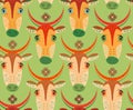 Cartoon cows with big eyes and watermelon peel on the head. Seamless pattern with cows. Children`s room, office supplies, fabric,