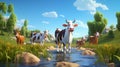 Cartoon cows coming to the brook to drink water