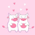 cartoon cows cute kiss, bull kawaii and cow, valentine's day greeting card kiss and hearts, love of two cows