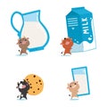 Cartoon cows with glass of milk, jug and cookies. Royalty Free Stock Photo