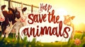 Cartoon Cows and the Inscription Help Save Animals. Concept of Artificially Grown Meat