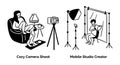 Cartoon Cozy Camera Shoot and Mobile Studio Content Creation Scenes Concept Set. Vector Royalty Free Stock Photo