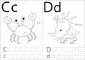 Cartoon crab and dinosaur. Alphabet tracing worksheet: writing A