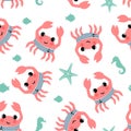 Cartoon crab with fish, seahorse and starfish seamless pattern.