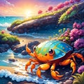 cartoon crab on the sandy beach at sunset