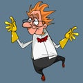 Cartoon crazy male scientist in gloves fun jumping