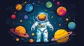 Cartoon Creative Mascot Astronaut . Star and planets on galaxy background. Astronaut in space. Generate AI