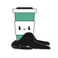 Cartoon creature exhausted lying near cofee cup. concept illustration of tiredness and burnout