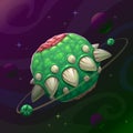 Cartoon creepy monster planet with spikes and jaws on the dark space background.