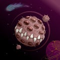Cartoon creepy monster planet with spittle mouth and jaws on the dark space background.