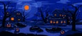 Cartoon creepy October scene with spooky buildings windows and scary pumpkin with lights, dark road of village with