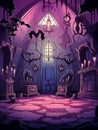 Cartoon creepy purple room with bats in haunted castle. AI Royalty Free Stock Photo