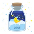 Cartoon crescent with clouds and stars in a magic glass jar.