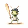 Charming Watercolor Illustration Of A Cute Cricket With Baseball Bat