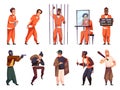 Cartoon criminal characters on outside and in prison. Robber, fraudster, dealer and hooligan, armed men, people in