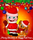 Cartoon cristmas boy and dog with gift boxes on red background. Royalty Free Stock Photo