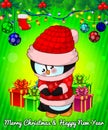 Cartoon cristmas penguin with gift boxes on green background.
