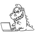 Cartoon croc played on laptop. Vector illustration.