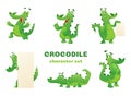 Cartoon crocodile characters. Alligator wild amphibian reptile green big animals vector mascots designs in various poses