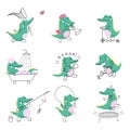 Cartoon crocodile characters. Cute wild crocodiles in humorous situations. Green animal from africa jumping, running