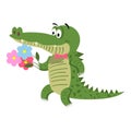 Cartoon Crocodile with Flowers Isolated on White