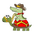 Crocodile the cowboy ride on giant turtle, vector cartoon illustration