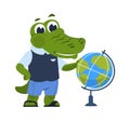 Cartoon crocodile with globe. Alligator in clothes learns geography, animal studying at academy. Education and school