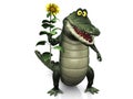 Cartoon crocodile holding sunflower.