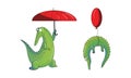 Cartoon Crocodile Walking with Umbrella and Flying with Toy Balloon Vector Set